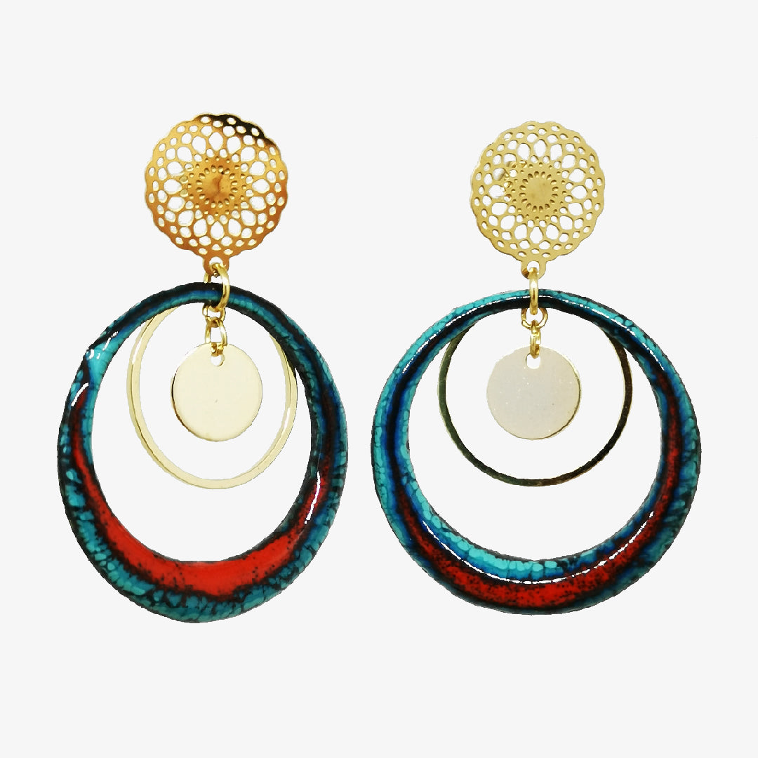 Boucles D'oreilles "Ophélie" En Bois Multicolore & Métal Doré - Garanti Sans Nickel - Neuf étiqueté